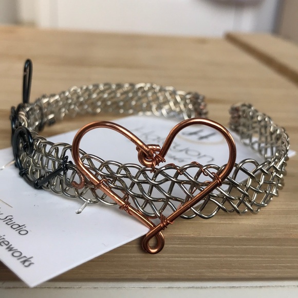 Silver Plated Woven Wire Cuff Love Heart Bracelet - Picture 3 of 5